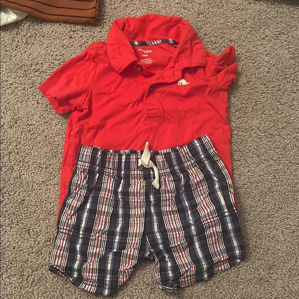 Simple Joys by Carters Red Polo Shirt and Plaid Shorts Set